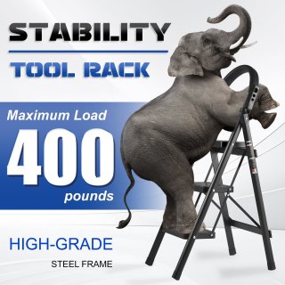 YEEZEE Step Ladders, Adult 3 Step Folding Ladder with Padded Handrail, Metal Portable Ladder, Black