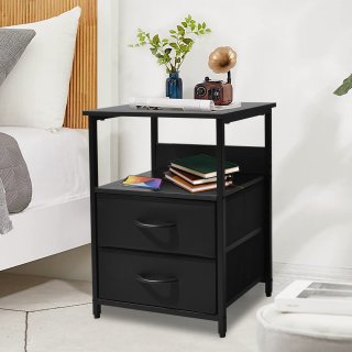 YEEZEE Bedside Table with Fabric Drawers and Storage Racks,for Small Spaces Bedroom Nightstand,Black