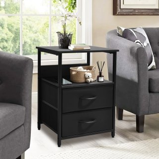 YEEZEE Nightstand with Open Shelf and Fabric-Drawers,Bedside Table for Bedroom.Black.