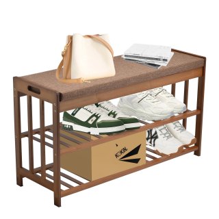 YEEZEE 3-Tier Entryway Bench, Wooden Shoe Rack with Soft-Padded Seats,for Corridors, Living Rooms