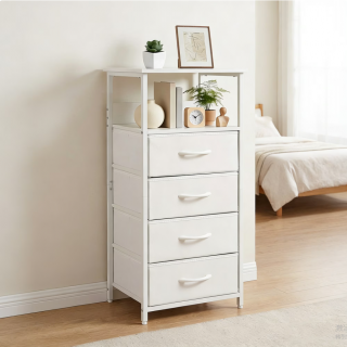 YEEZEE Nightstand,Dresser with 4 Fabric Storage Drawers,Tall Nightstand with Open Wood Shelves,White