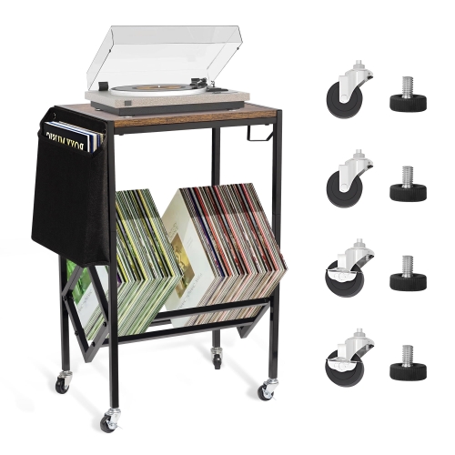 YEEZEE Record Player Stand End Table with Storage - Holds 80 Vinyl Albums, Wheels, Modern Vinyl Shelf for Living Room