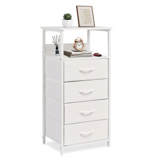 YEEZEE Nightstand,Dresser with 4 Fabric Storage Drawers,Tall Nightstand with Open Wood Shelves,White