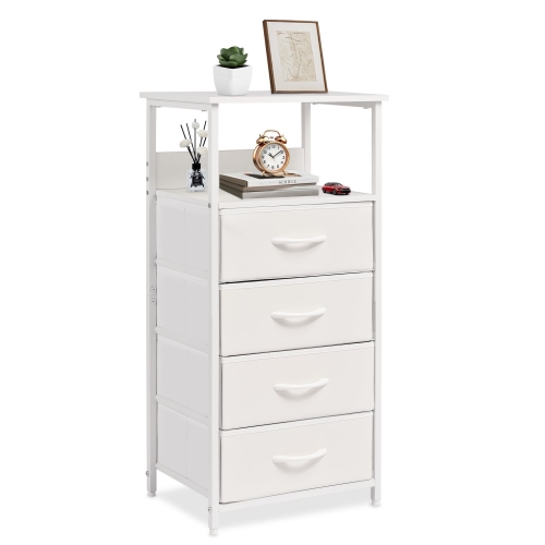 YEEZEE Nightstand,Dresser with 4 Fabric Storage Drawers,Tall Nightstand with Open Wood Shelves,White